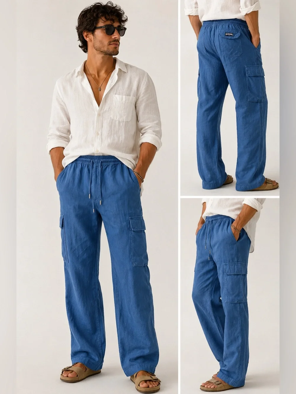 Vilebrequin 100% Linen Cargo Pants XXL Blue Drawstring Resort Coastal Luxury